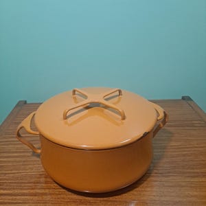 Könnte beinhalten: Ein orangefarbener Emaille-Topf mit passendem Deckel. Der Topf hat zwei seitliche Griffe und einen Deckelgriff. Der Topf steht auf einer Holzoberfläche. Der Hintergrund ist einfarbig türkis.