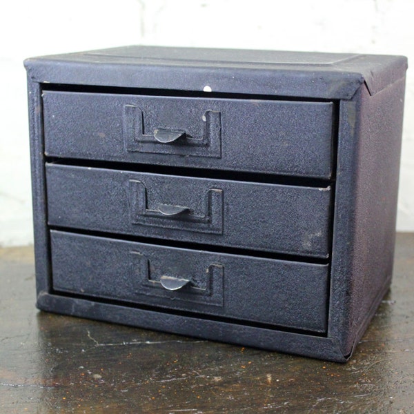 Vintage Industrial Metal Box 3 Drawer Unit Tool Jewelry Organization Cabinet Matte Black Storage Bin Divided Drawers