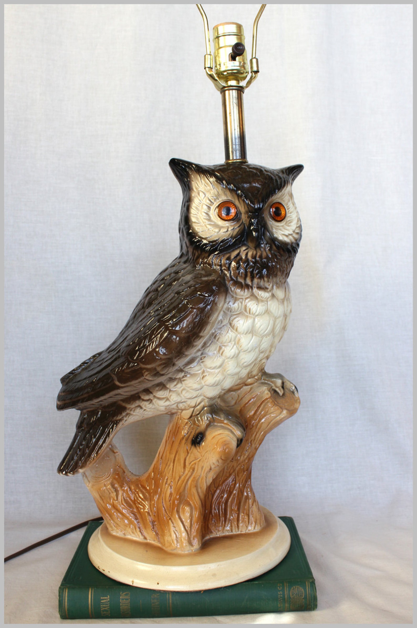 Large Great Horned Owl Table Lamp Ceramic Chalkware Light Etsy