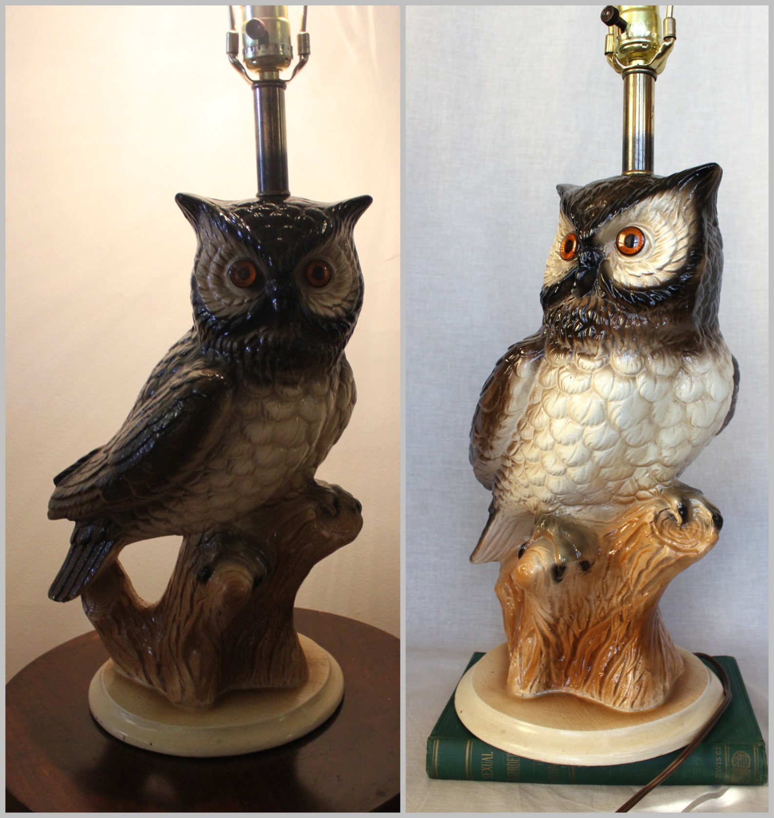Large Great Horned Owl Table Lamp Ceramic Chalkware Light Etsy