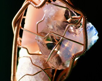 Super Rare Lion's Heart Andara, Pink Opaque Kindred Spirit Andara and Fairy Spirit Quartz Crystal Pendant in Copper Wire - X-Large Pendant -