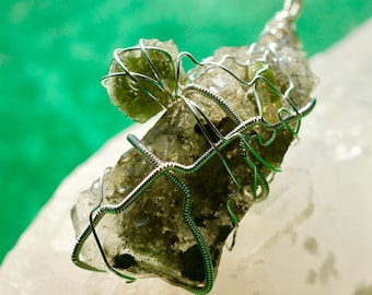 Seafoam Green Andara, Moldavite and Green Pink Watermelon Tourmaline Crystal Pendant in Sterling Silver - 45,12 grams XL Powerful Pendant -