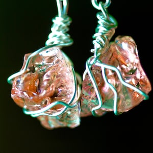 Pendientes de cristal de Andara rosa melocotón celestial raro en alambre de plata fina 999!!