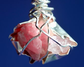 Terminated Rhodochrosite and Terminated Pink Quartz Natural Crystals in a Sterling Silver Nest Pendant - Love, Compassion, Peace, Joy -