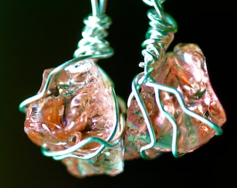 Rare Celestial Peach Pink Andara Crystal Earrings in Fine 999 Silver Wire!!