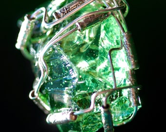 Luminescent Green Andara Crystal Large Pendant in Fine Silver with Karen Hill Tribe Fine Silver Beads - 18,52 grams