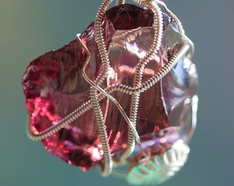 Very Rare XL 22,44 grams Deep Purple Andara Pendant in Fine 999 Silver Wire and Karen Hill Tribe Fine Silver Spiral Bead -