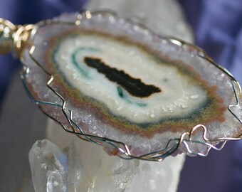 XXL Rare Fairy Spirit Quartz Pendant in Sterling Silver and 14 Cts. Gold Filled Wire - XXL 44,30 grams Amethyst Stalactite Slice Pendant -