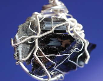 Rare Black Andara Crystal, Black Tourmaline, Super Rare Black Amethyst Druzy X-Large Pendant in Sterling Silver - Protection and Grounding -