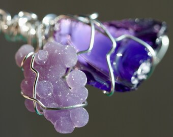 Super Rare Deep Purple Andara and Grape Agate Cluster Large Pendant in Sterling Silver Wire- 12 grams Double Magical Pendant -