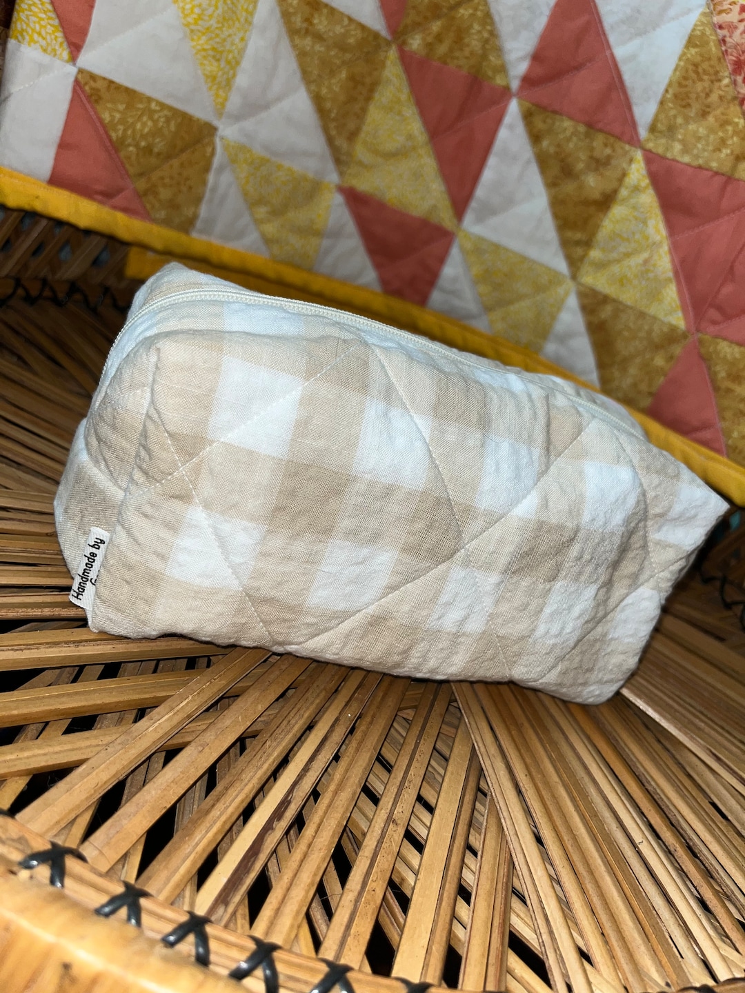 Small Gingham Makeup Bag Quilted Cotton Cosmetic Bag Toiletry Bag