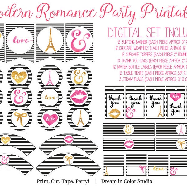 Modern Romance Digital Party Printables - Bachelorette, Bridal Shower, Birthday, Love, Romantic