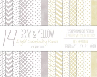 Gray & Yellow Watercolor Chevron Dot Digital Scrapbooking Papers