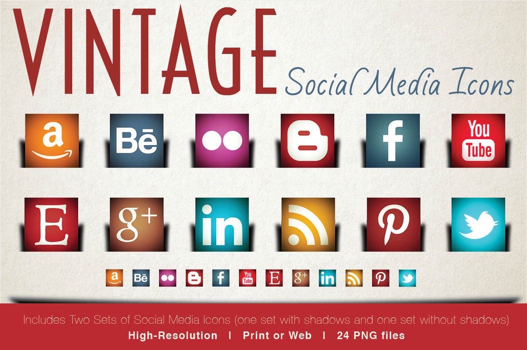 Vintage Retro Social Media Icon Set With Shadows Etsy