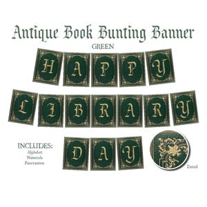 Green Antique Book Bunting Banner - Digital Party Decor Printable