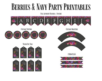 Baies et Marine Party Printables Anniversaire Bridal Douche Mariage Noir Floral Graduation