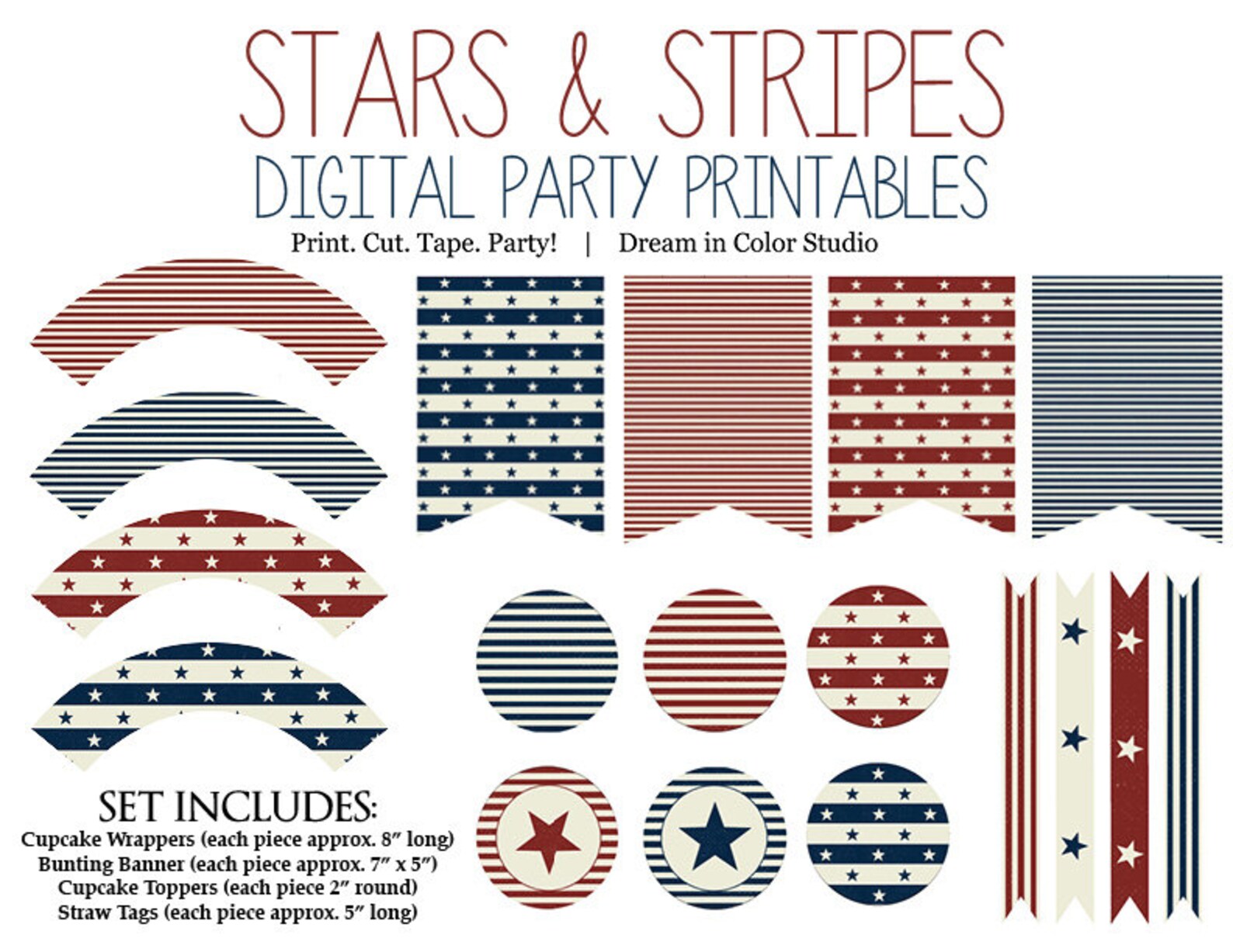 Stars &amp; Stripes Digital Party Printables - Independence Day, Fourth of July, Memorial Day ...