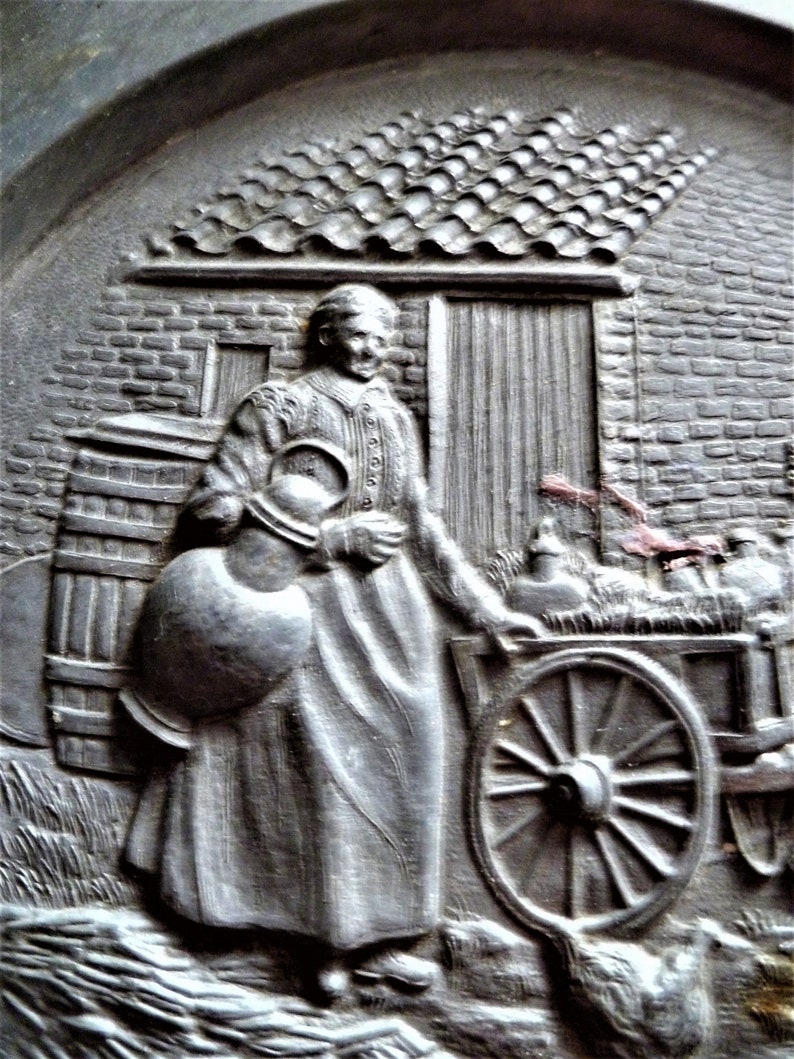 full carriage with products and loose chicken and dog ready to haul big Vintage Pewter Plate depicting Farm Lady carrying Huge Milk Jar