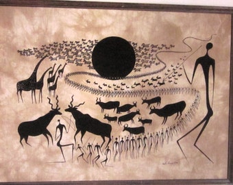 Heidi Lange "Maasai Hunting" '86 Batik screen print designed and crafted by Herself 23" x 33" framed, and in excellent condition