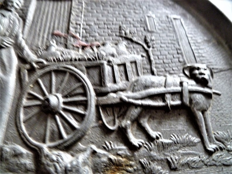 full carriage with products and loose chicken and dog ready to haul big Vintage Pewter Plate depicting Farm Lady carrying Huge Milk Jar