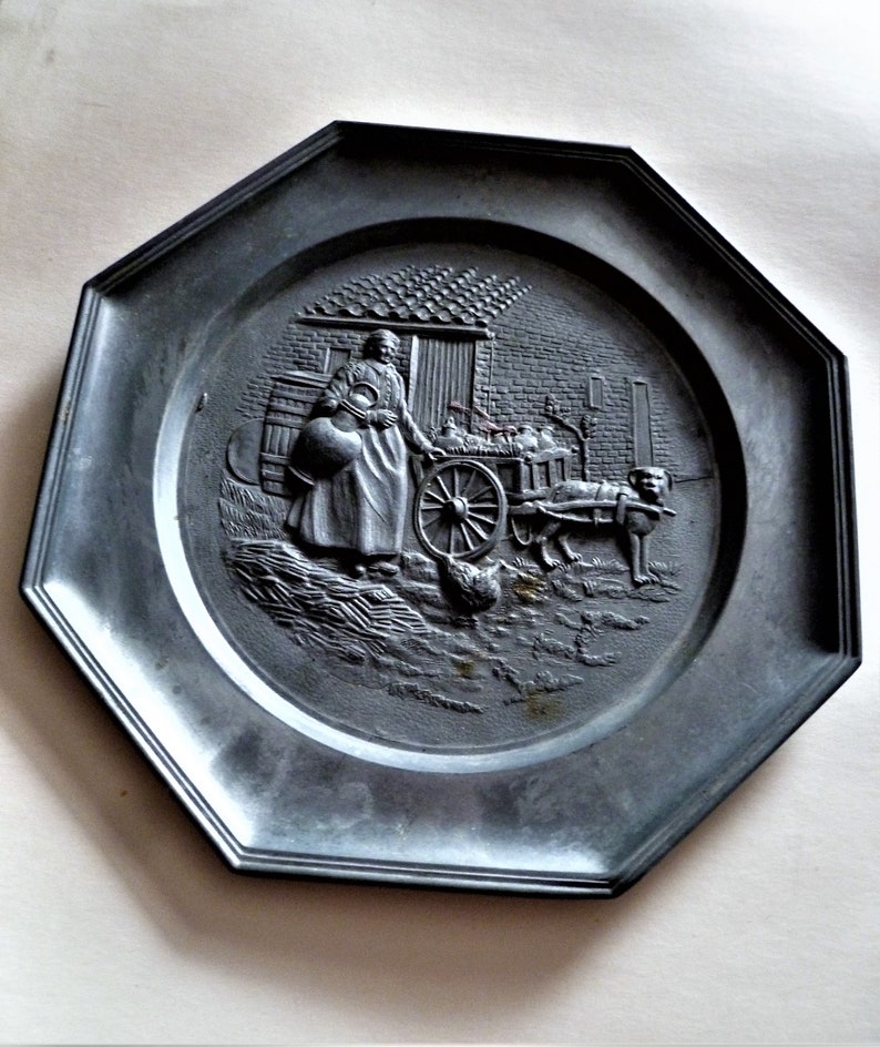 full carriage with products and loose chicken and dog ready to haul big Vintage Pewter Plate depicting Farm Lady carrying Huge Milk Jar