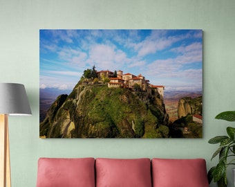 Meteora Hill, Greece Art, Color Photography, Wall Art, Urban Art Print, Fine Art Photo, Monastery, Greek Architecture, Landscape, Drone