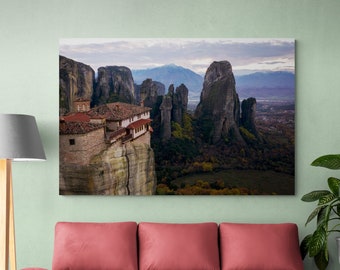 Meteora Cliffs, Greece Art, Color Photography, Wall Art, Urban Art Print, Fine Art Photo, Monastery, Greek Architecture, Landscape, Drone