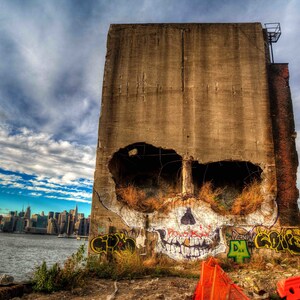 Graffiti Skull, New York Art, Color Photography, Manhattan Skyline, Wall Art, Urban Art Print, Fine Art Photo, Brooklyn, NYC Street Art, HDR image 2