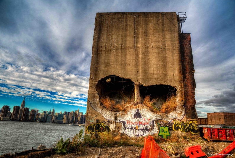 Graffiti Skull, New York Art, Color Photography, Manhattan Skyline, Wall Art, Urban Art Print, Fine Art Photo, Brooklyn, NYC Street Art, HDR image 2