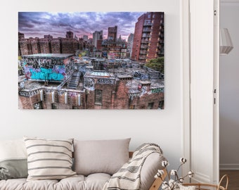 Graffiti Rooftop, Photography Print, New York Skyline, Chinatown Street Art, Urban Buildings, Contemporary Poster, NYC, Above Bed, HDR Decor