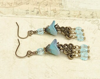 Blue Earrings, Aquamarine Earrings, Aqua Earrings, Blue Flower Earrings, Aqua Blue Earrings, Czech Glass Beads, Vintage Style Earrings, Gift