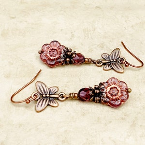 Handmade Copper Earrings with White Lampwork Glass Flower Bud Beads UK Seller