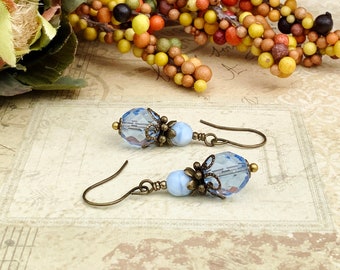 Blue Earrings, Sapphire Earrings, Light Blue Earrings, Blue and Gold Earrings, Victorian Earrings, Czech Glass Beads, Sapphire Blue Earrings
