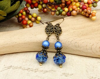 Blue Earrings, Blue Pearl Earrings, Sapphire Blue Earrings, Sapphire Earrings, Blue Gold Earrings, Victorian Earrings, Czech Glass Beads