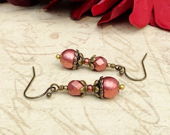 Wine Earrings, Pomegranate Earrings, Dark Red Earrings, Dark Pink Earrings, Pearl Earrings, Victorian Earrings, Czech Glass Beads, gifts