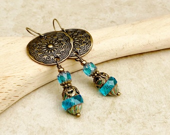 Aqua Earrings, Aqua Blue Earrings, Blue Earrings, Blue and Gold Earrings, Victorian Earrings, Vintage Style Earrings, Czech Glass Beads
