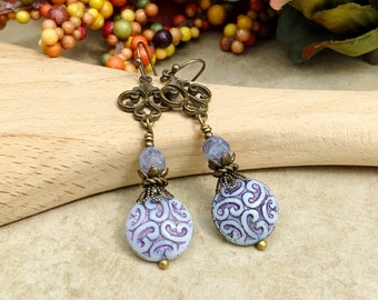 Purple Earrings, Light Purple Earrings, Amethyst Earrings, Purple Gold Earrings, Ornate Earrings, Victorian Earrings, Czech Glass Beads