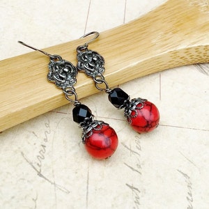 Red Earrings, Black Earrings, Red Turquoise Earrings, Gunmetal Earrings, Unique Earrings, Czech Glass Beads, Red and Black Earrings, Gifts image 4