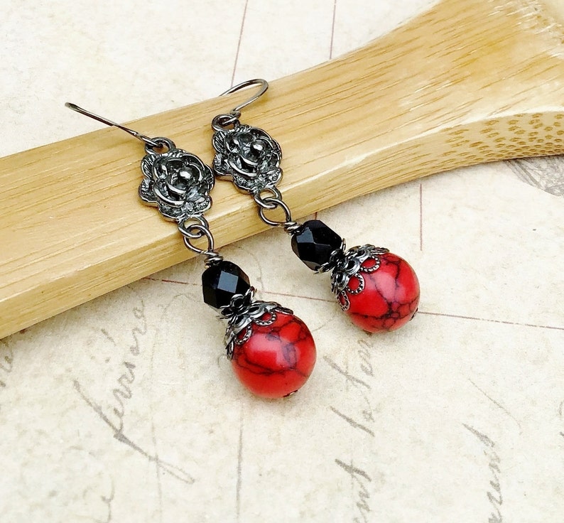 Red Earrings, Black Earrings, Red Turquoise Earrings, Gunmetal Earrings, Unique Earrings, Czech Glass Beads, Red and Black Earrings, Gifts image 4