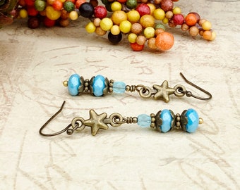 Blue Earrings, Light Blue Earrings, Sky Blue Earrings, Baby Blue Earrings, Star Earrings, Blue Gold Earrings, Victorian Earrings, Gifts