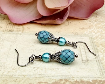 Blue Earrings, Pale Blue Earrings, Light Blue Earrings, Blue Pearl Earrings, Victorian Earrings, Czech Glass Beads, Gunmetal Earrings, Gifts