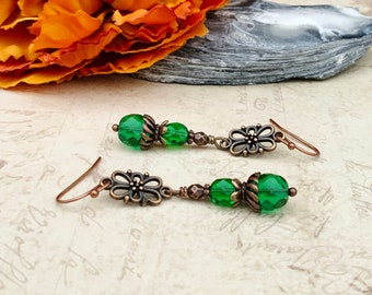 Green Earrings, Dark Green Earrings, Emerald Earrings, Emerald Green Earrings, Copper Earrings, Green Copper Earrings, Czech Glass Beads