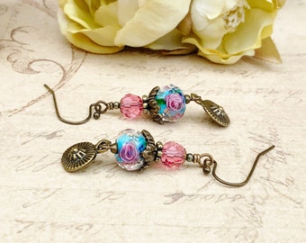 Blue Earrings, Pink Earrings, Fuchsia Earrings, Blue Flower Earrings, Pink Flower Earrings, Flower Earrings, Czech Glass Beads,  Gifts