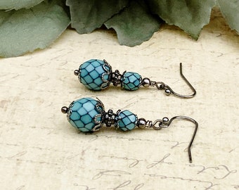 Blue Earrings, Pale Blue Earrings, Snake Earrings, Gunmetal Earrings, Boho Earrings, Blue Green Earrings, Aqua Earrings, Czech Glass Beads