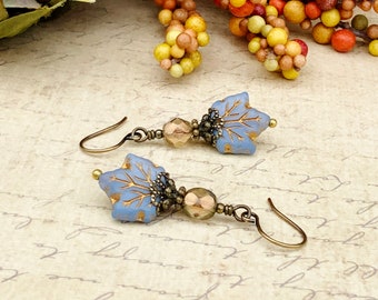 Blue Earrings, Blue Leaf Earrings, Blue Gold Earrings, Gold Earrings, Leaf Earrings, Victorian Earrings, Czech Glass Beads, Vintage Style