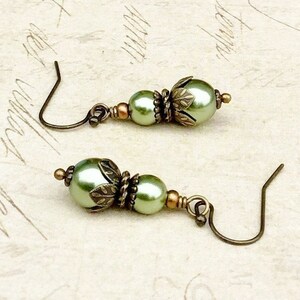 Green Pearl Earrings, Pearl Earrings, Pale Green Earrings, Green Earrings, Olive Green Earrings, Victorian Earrings, Green Gold Earrings