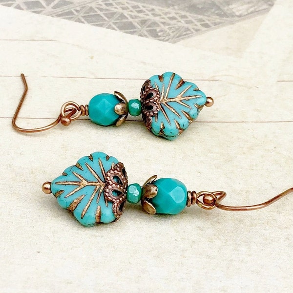 Turquoise Earrings, Maple Leaf Earrings, Green Earrings, Copper Earrings, Turquoise Copper Earrings, Czech Glass Beads, Unique Earrings