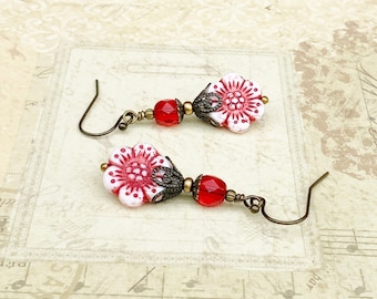 Red Earrings, Red Flower Earrings, Ruby Earrings, Red and White Earrings, Flower Earrings, Czech Glass Beads, Vintage Style Earrings, Gifts