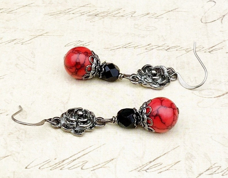 Red Earrings, Black Earrings, Red Turquoise Earrings, Gunmetal Earrings, Unique Earrings, Czech Glass Beads, Red and Black Earrings, Gifts image 5