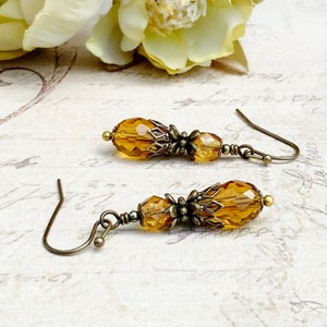 Topaz Earrings, Yellow Earrings, Golden Topaz Earrings, Brown Topaz Earrings, Vintage Style Earrings, Victorian Earrings, Czech Glass Beads